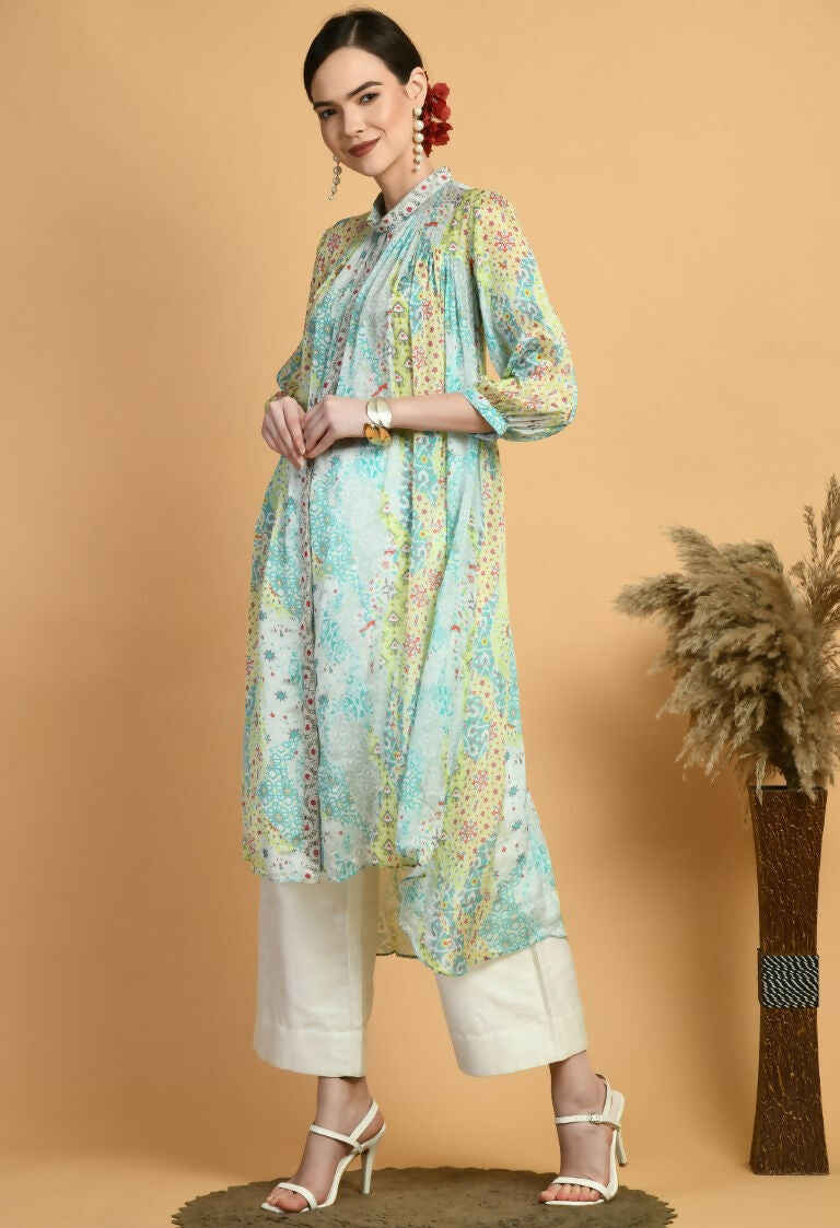 Mint Green Chiffon Midi Kurta Set with Geometric Print