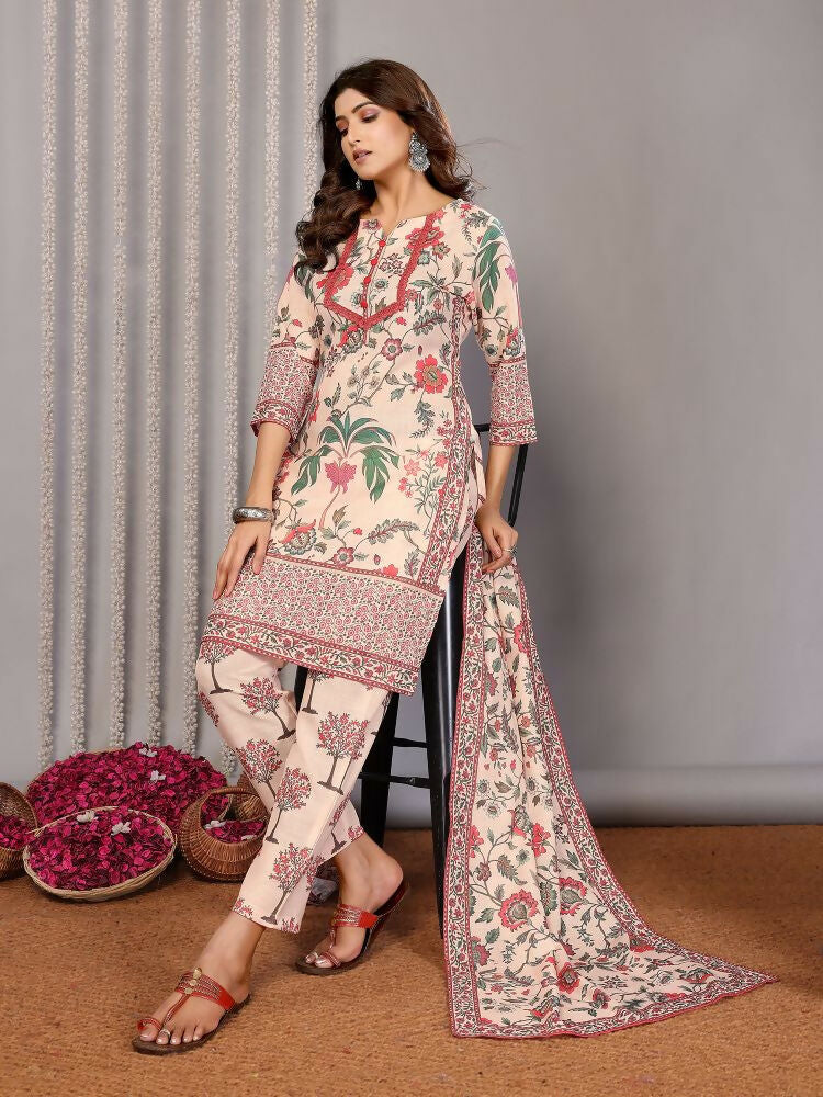 Women Cream Linen Printed Stitched Kurta Set with Notch Neck