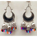 Black enamel chandbali earrings with triple jhumka drops