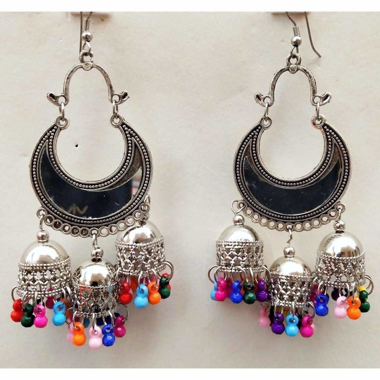 Black enamel chandbali earrings with triple jhumka drops