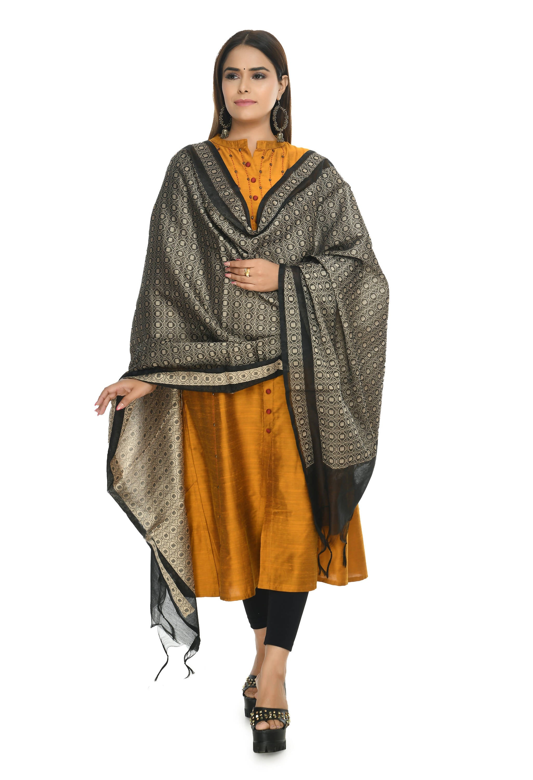 Solid black handloom cotton dupatta folded neatly.