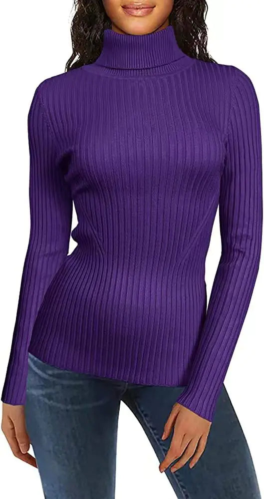Women's High Neck Ribbed Sweater - Cozy Turtleneck