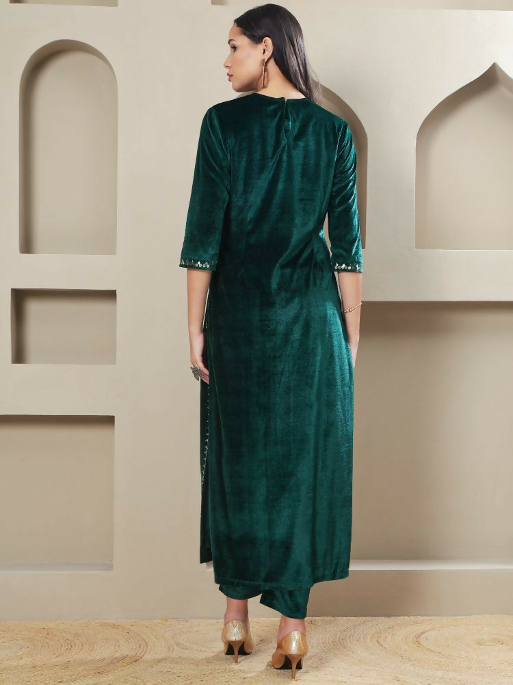 Women's Green Velvet Hand Embellishment Stitched Kurta Pant Set