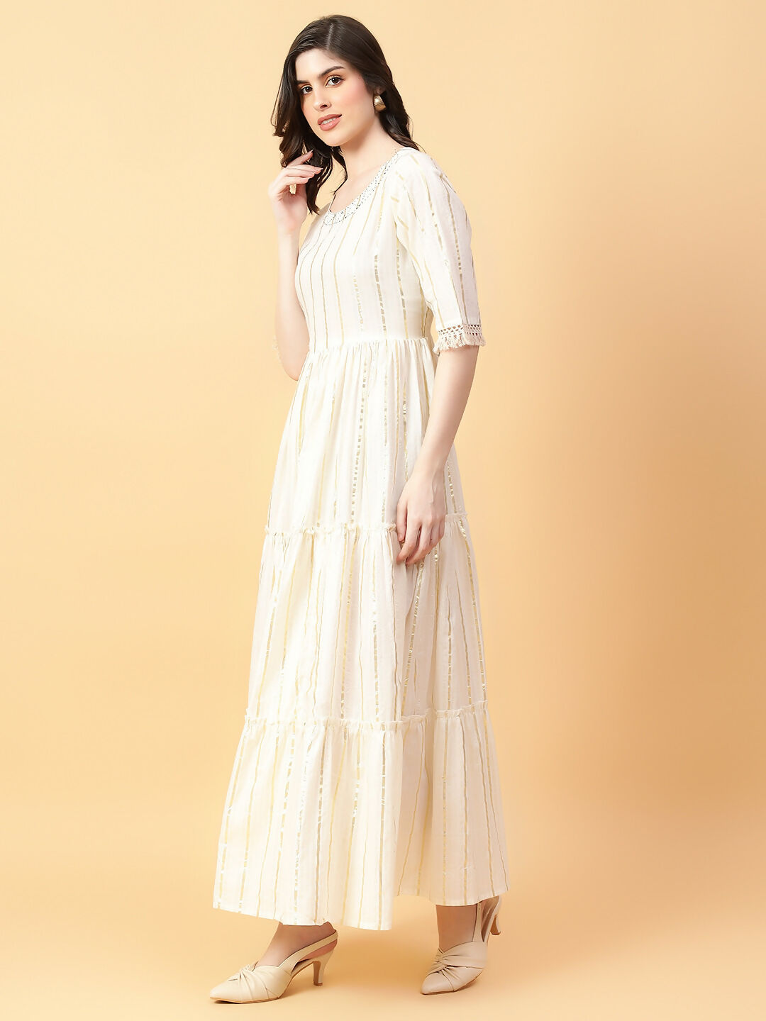 Cream Cotton Lurex Hand Work Dress