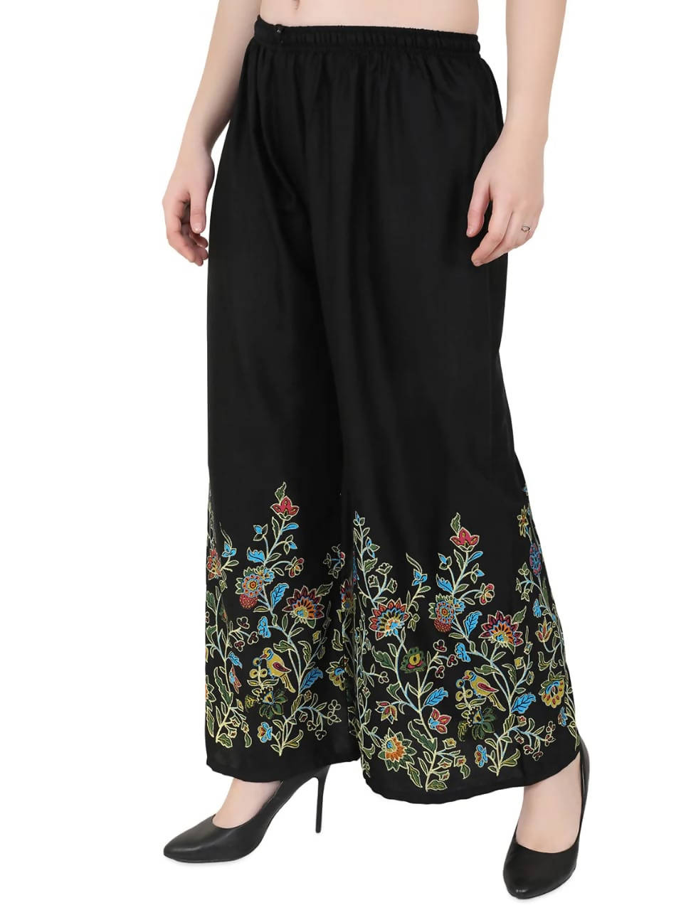 Black Floral Design Palazzo Pants - Elegant Wide Leg Trousers