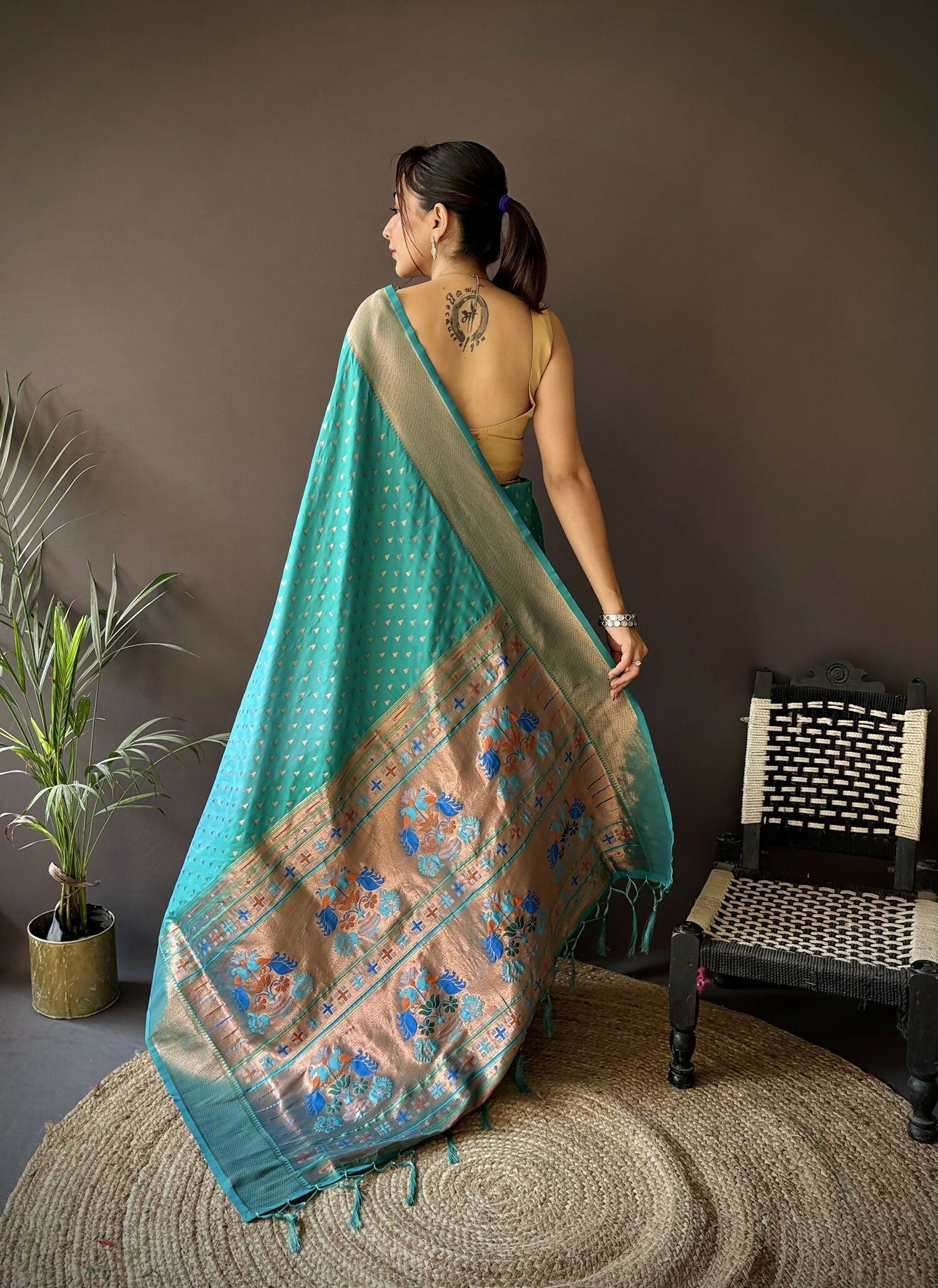 Teal Green Jacquard Butti Soft Lichi Silk Paithani Saree