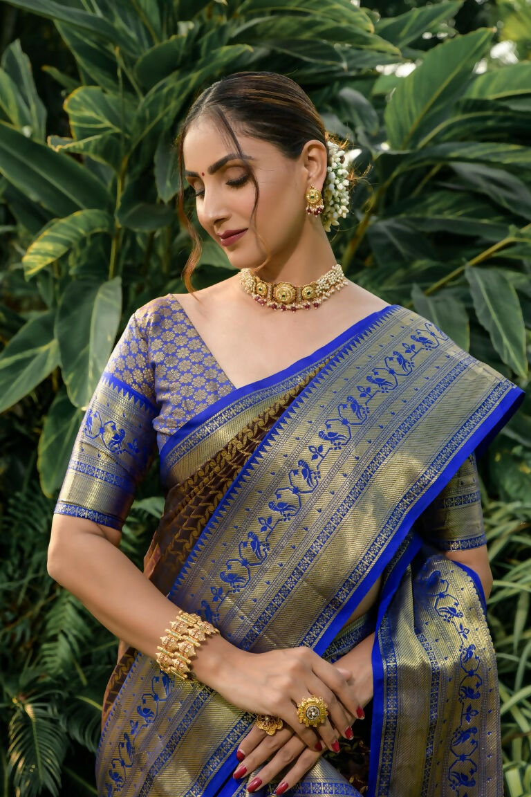 Coffee Kanjivaram Silk Zari Woven Saree with Royal Blue Blouse