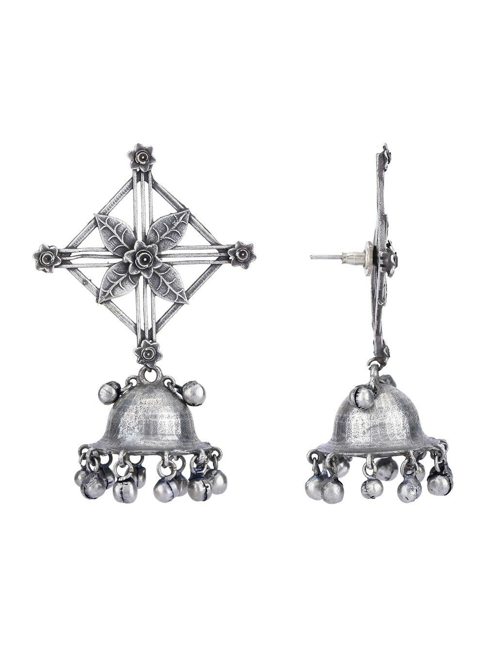 Silver Tone Brass Ghungroo Jhumka Earrings with Stones
