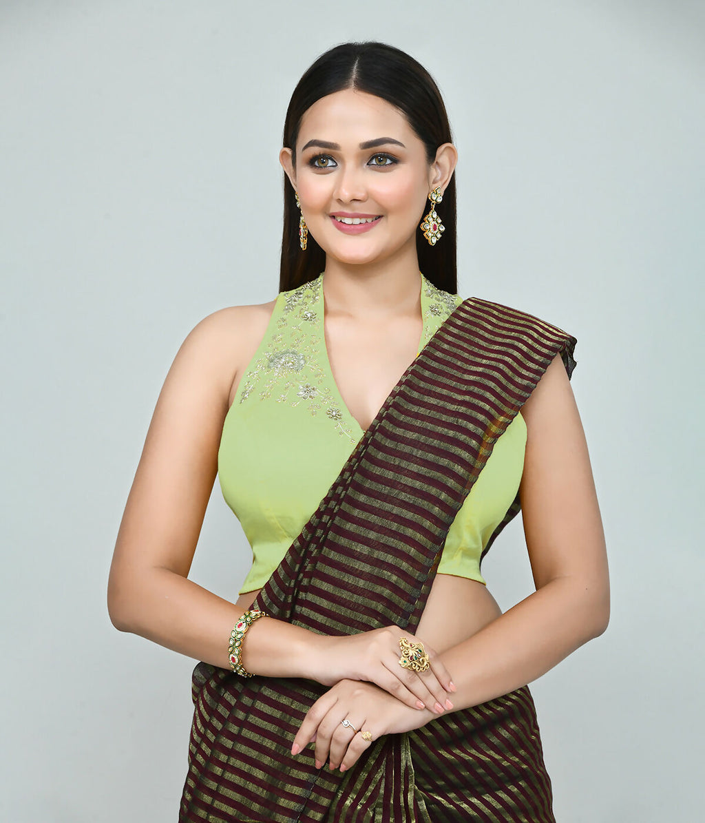 Pista Green Embroidered Art Silk Stitched Blouse for Women