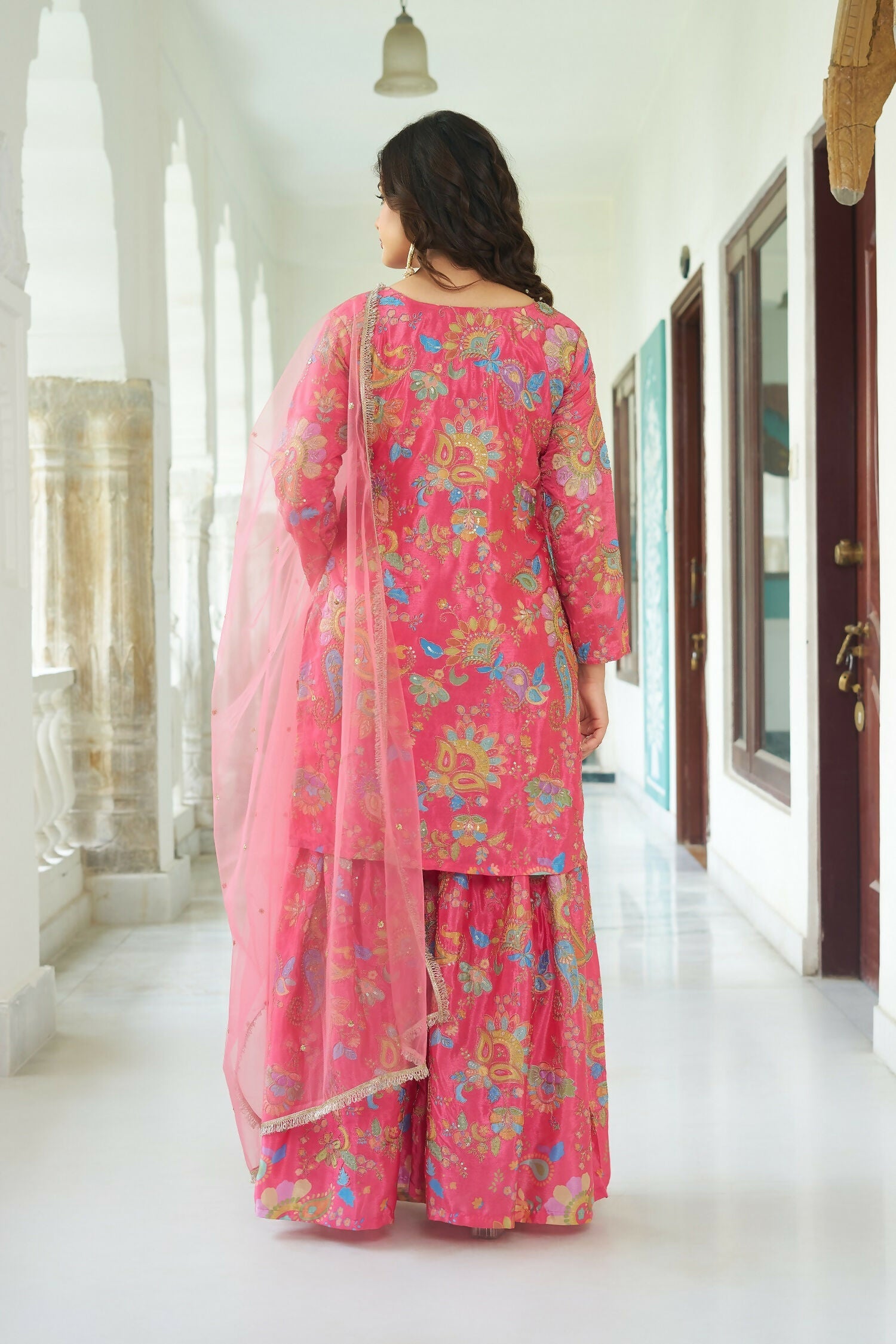 Pink Chinnon Embroidered Sequence Work Readymade Kurta Set