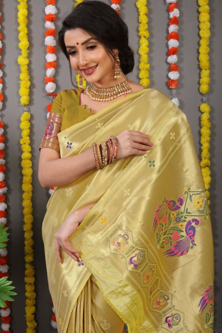 Mehendi Paithani Silk Saree with Gold Zari Woven Detail