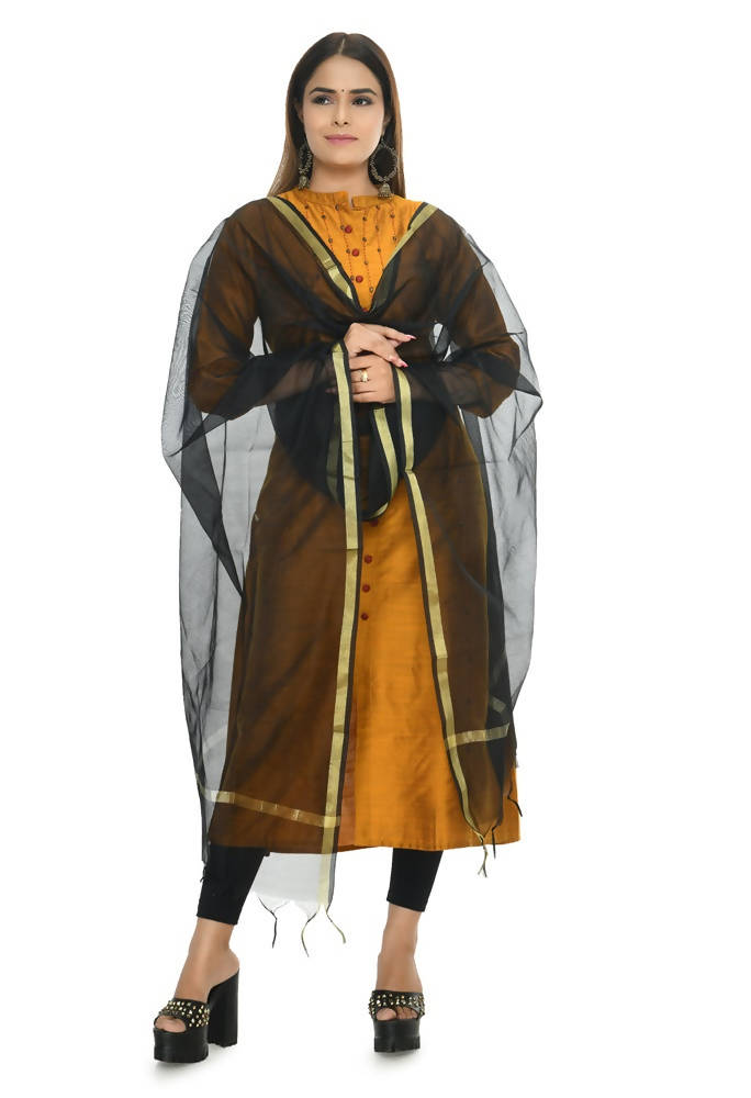 Black Chanderi Banarsi Piping Dupatta - Traditional Ethnic Accessory