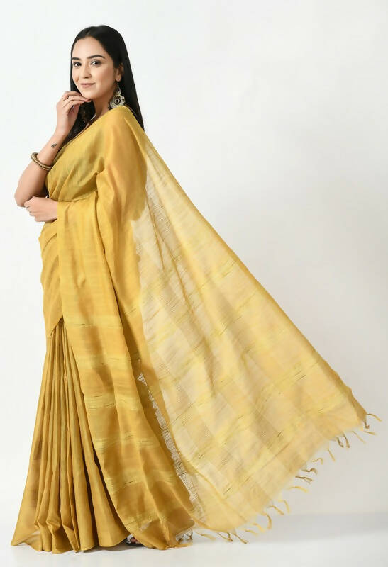 Golden Bhagalpuri Handloom 8 Line Ghichha Silk Saree with Blouse