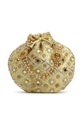 Crème embroidered potli clutch bag featuring intricate needlework for wedding and festive wear