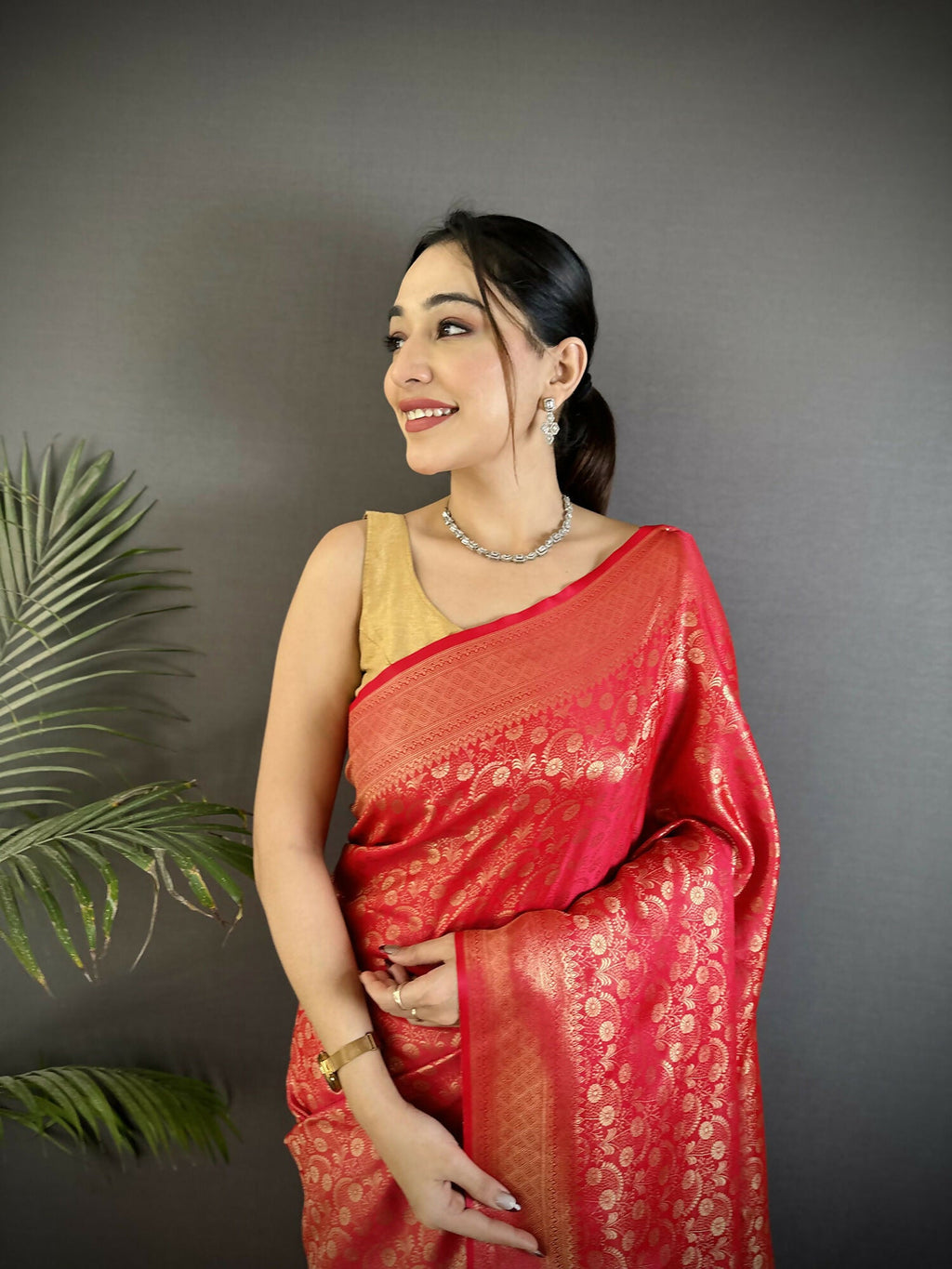 Red Floral & Paisley Motif Soft Satin Silk Banarasi Saree