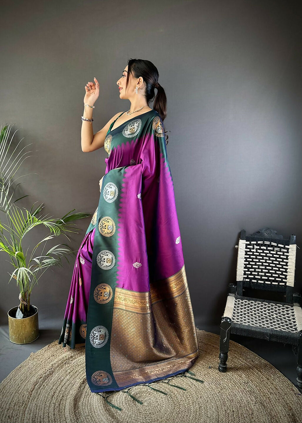 Blue Butti Banarasi Silk Saree with Unstitched Blouse