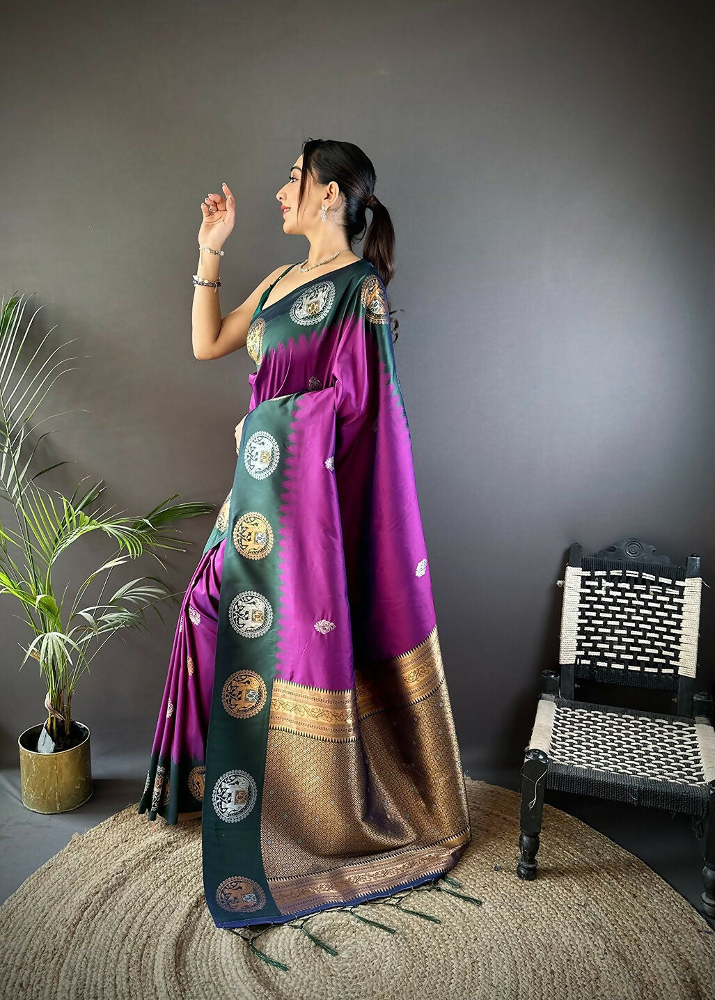 Blue Butti Banarasi Silk Saree with Unstitched Blouse