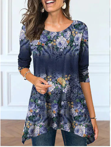 Women's Round Neck Floral Print Tunic Top with Asymmetrical Hem