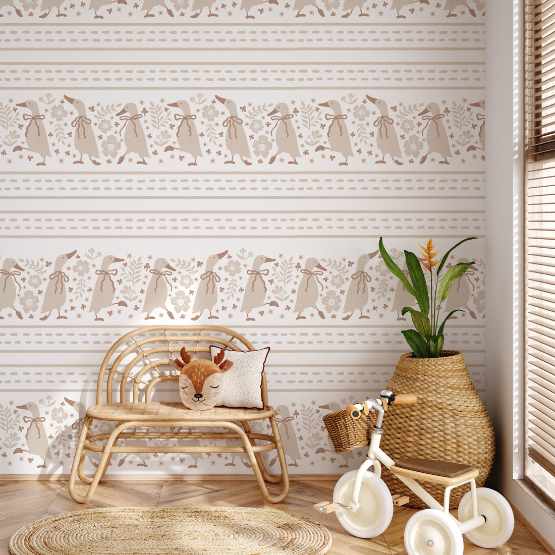 Close up of whimsical Scandi-nursery Gabby wallpaper with beige, white, and green botanical patterns.