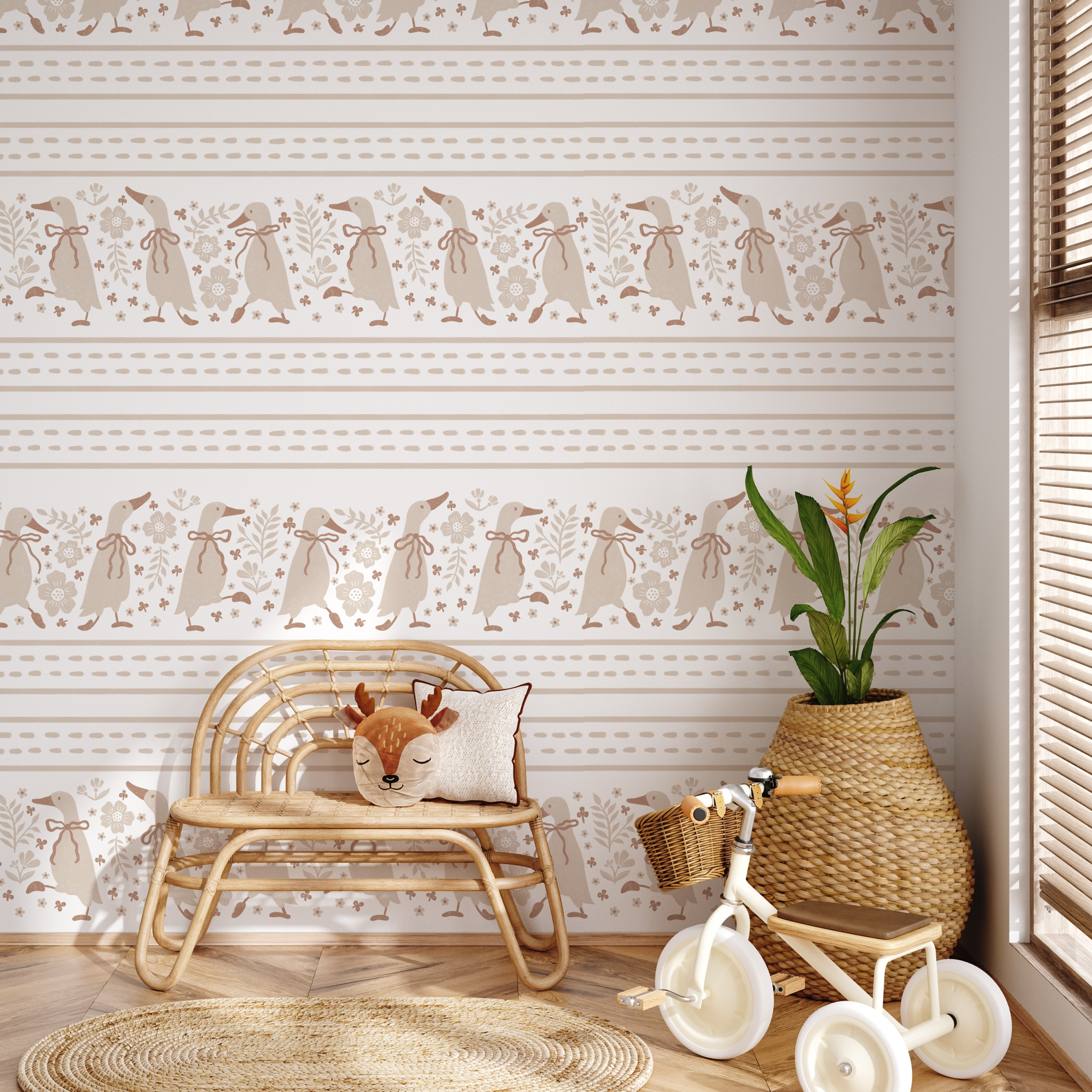 Close up of whimsical Scandi-nursery Gabby wallpaper with beige, white, and green botanical patterns.