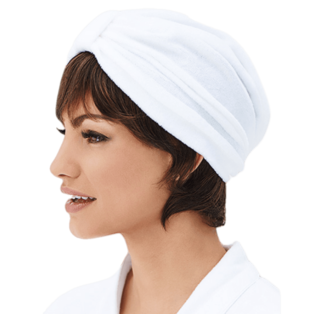 Gabor Smooth Halo hair piece shown attached to a turban, featuring a natural velvet-lined hair circle.