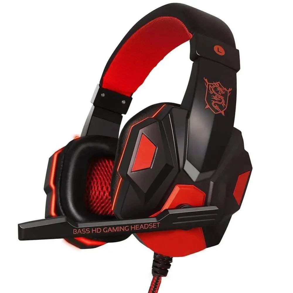 Red and Black wired gaming headset with LED lights, microphone, and cushioned earmuffs for laptop