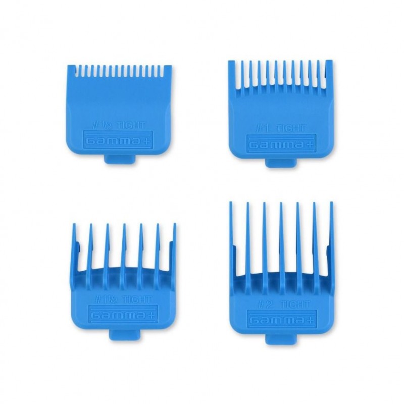 Set of four blue magnetic clipper guards by Gamma+ for professional hair grooming