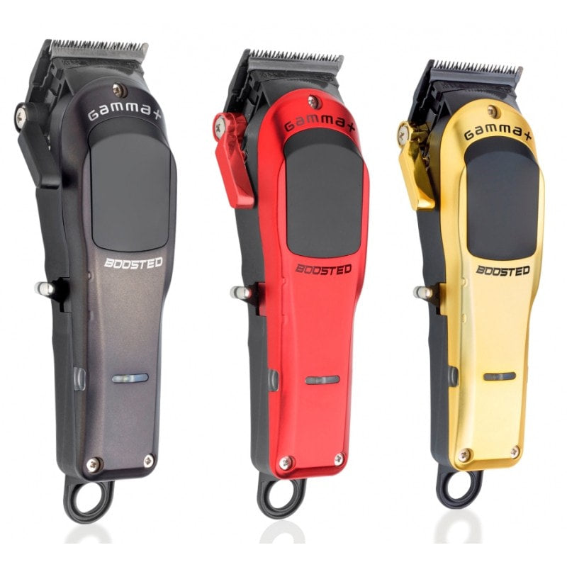 GAMMA+ Boosted professional modular clipper in matte black with interchangeable red and gold housing options.