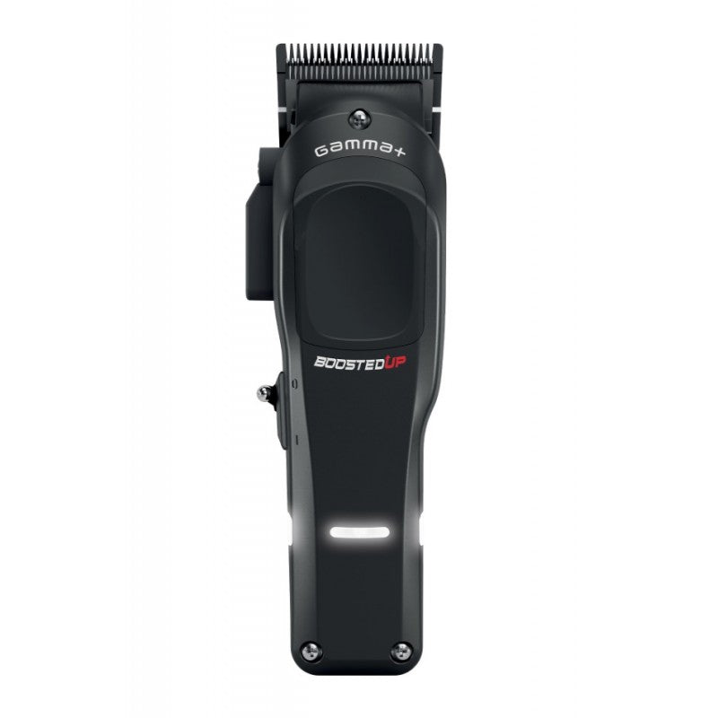 GAMMA+ Boosted UP professional hair clipper in matte black finish, showing industrial design.