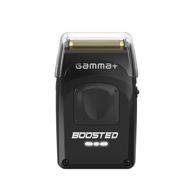 Gamma+ Boosted Foil Shaver in matte black with metallic gold accents on a clean surface