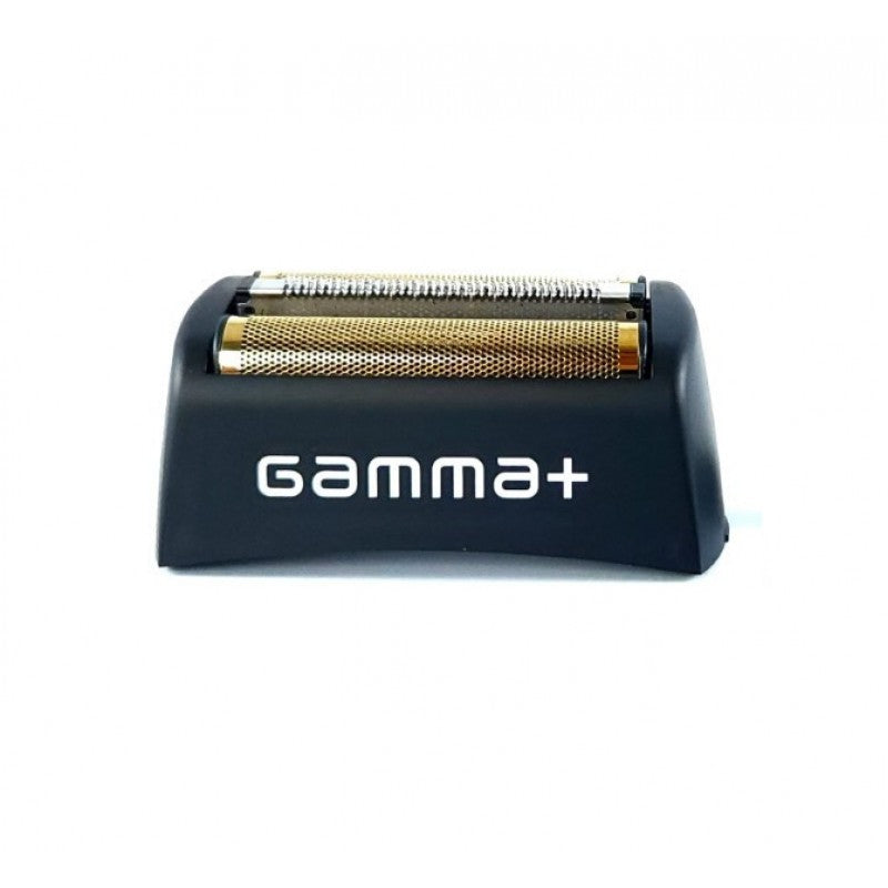 Close up of GAMMA+ Boosted Shaver gold titanium replacement foil head for professional grooming.