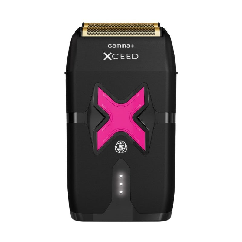 GAMMA+ XCEED Professional Foil Shaver in matte black with gold head and neon accents on a clean surface
