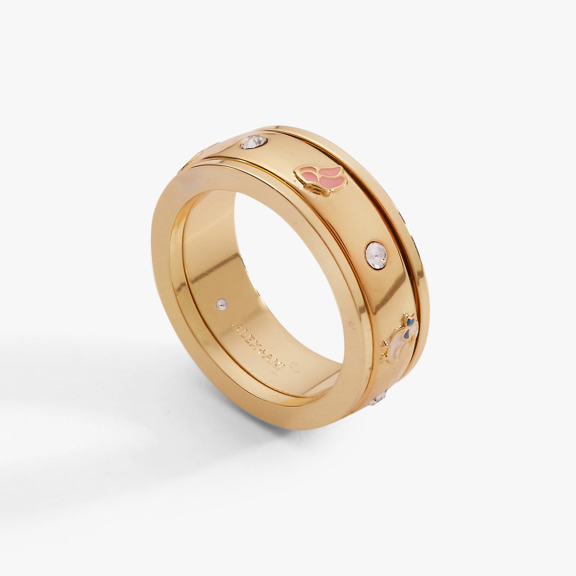 Garden Party Fidget Ring featuring pastel enamel duck and floral motifs with gold-tone finish and crystal accents