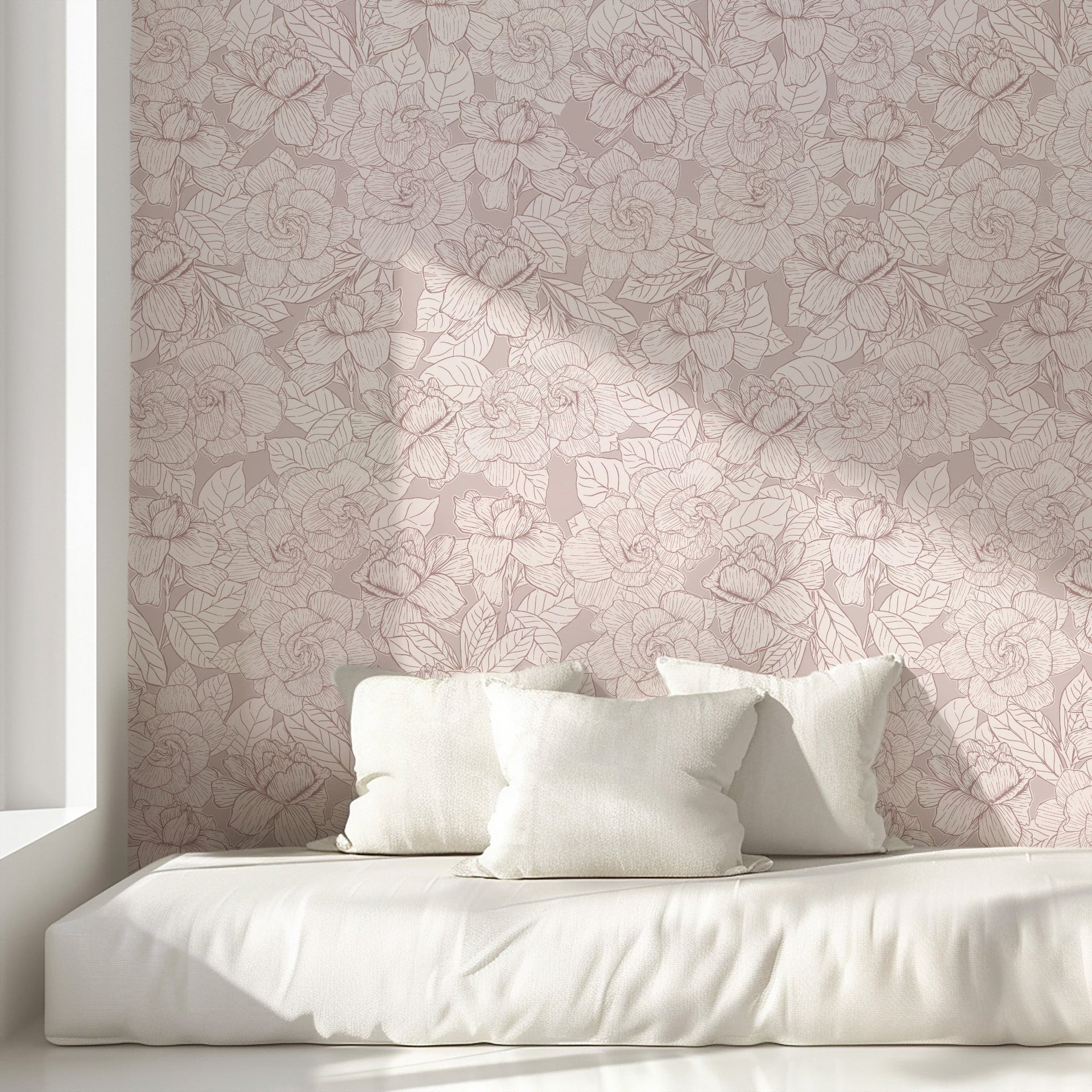 Shyla floral wallpaper with blush pink, cream, and dark green details in a modern aesthetic