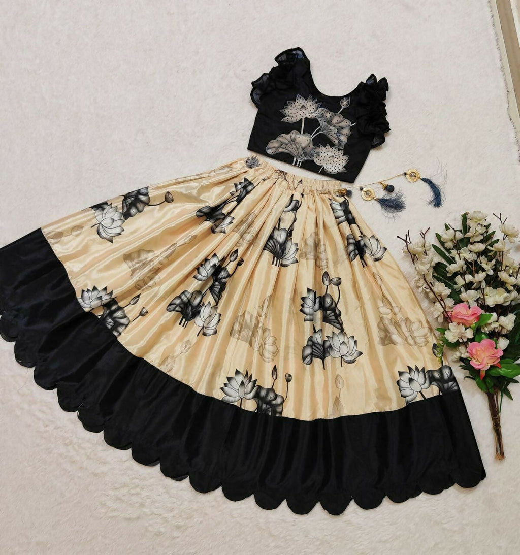 Girls Cream Chinon Silk Digital Print Lehenga Choli Set
