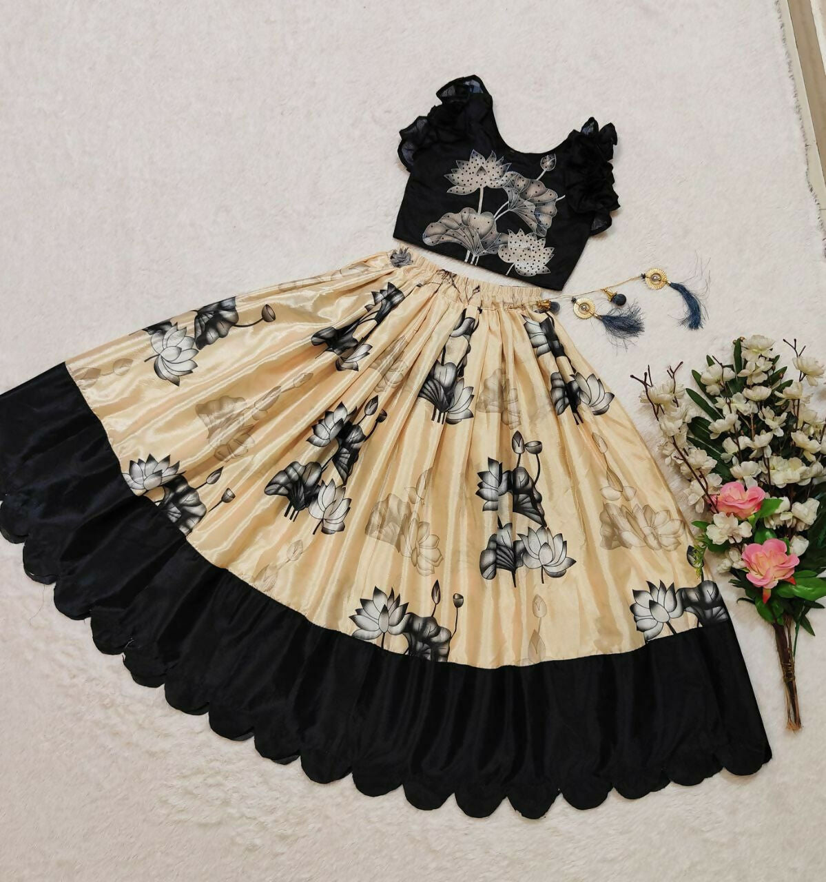 Girls Cream Chinon Silk Digital Print Lehenga Choli Set