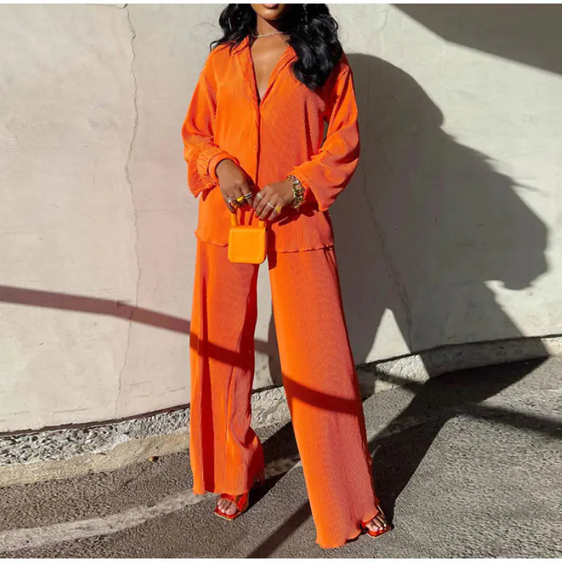 Women's Pleated Casual Button Down Shirt and Wide Leg Pant Set - Image 4