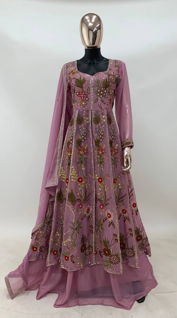 Pink Viscose Silk Embroidered Gown and Skirt Set Stitched