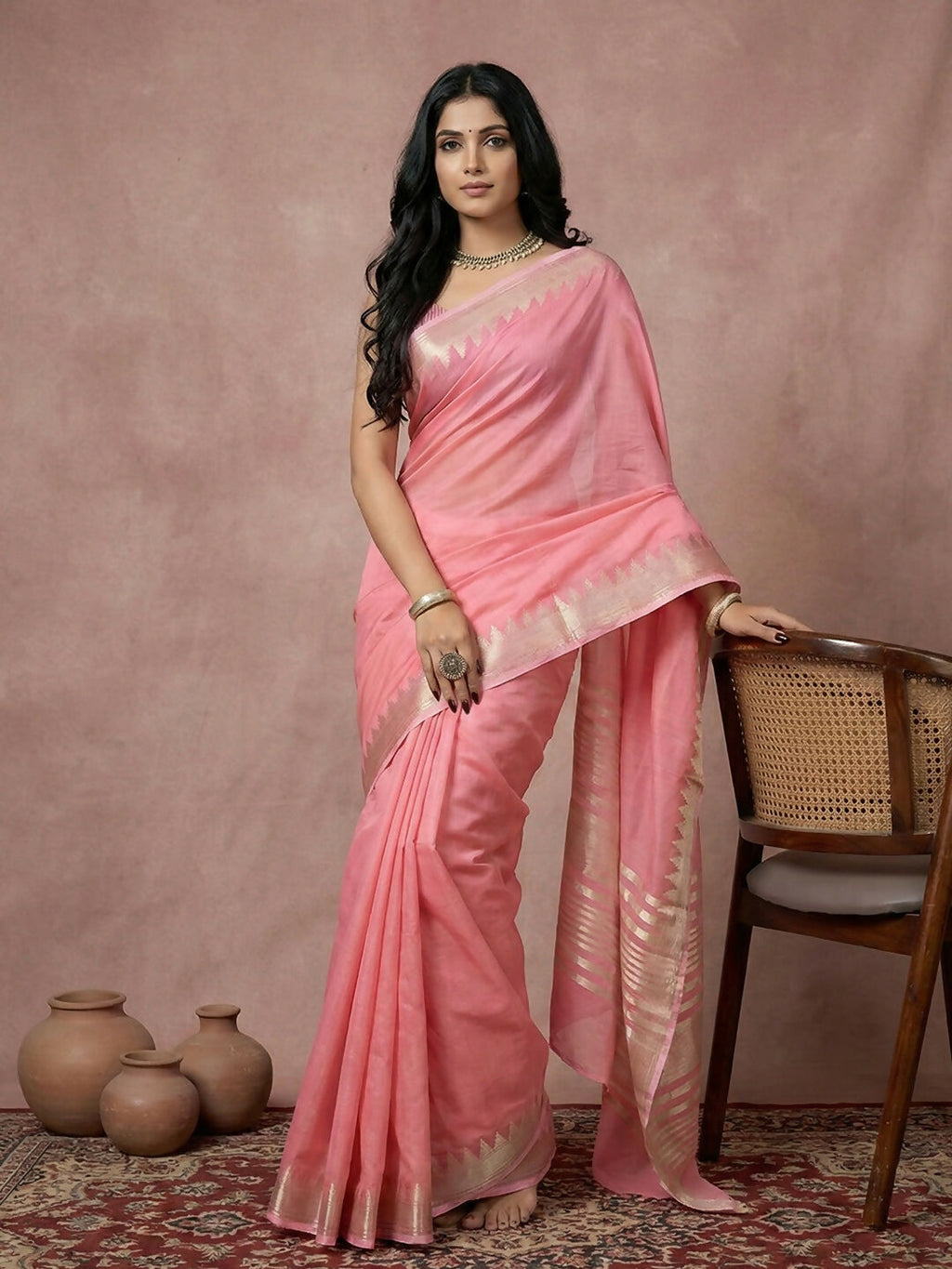 Shree Shyam Fashion Coral Pink cotton saree with matching blouse piece draped elegantly.
