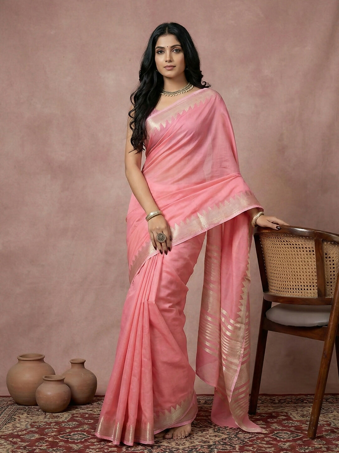 Shree Shyam Fashion Coral Pink cotton saree with matching blouse piece draped elegantly.
