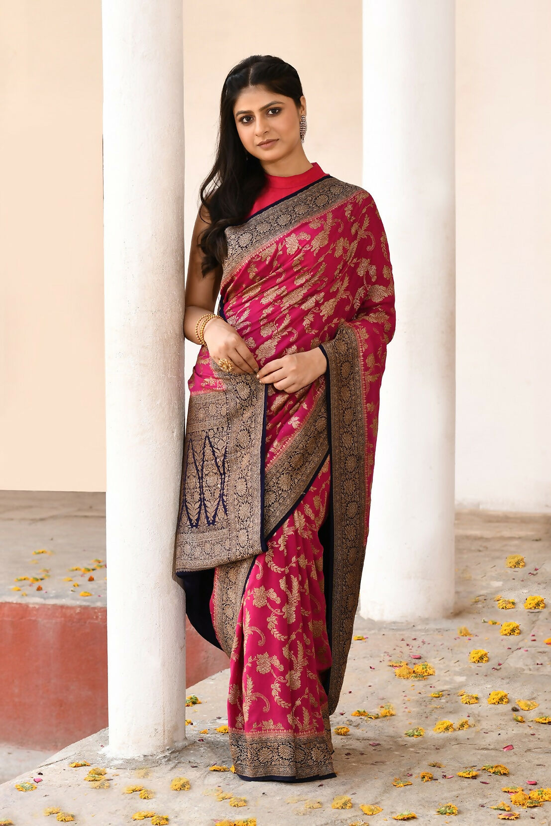 Hot Pink Crepe Chiffon Pure Handloom Banarasi Silk Saree