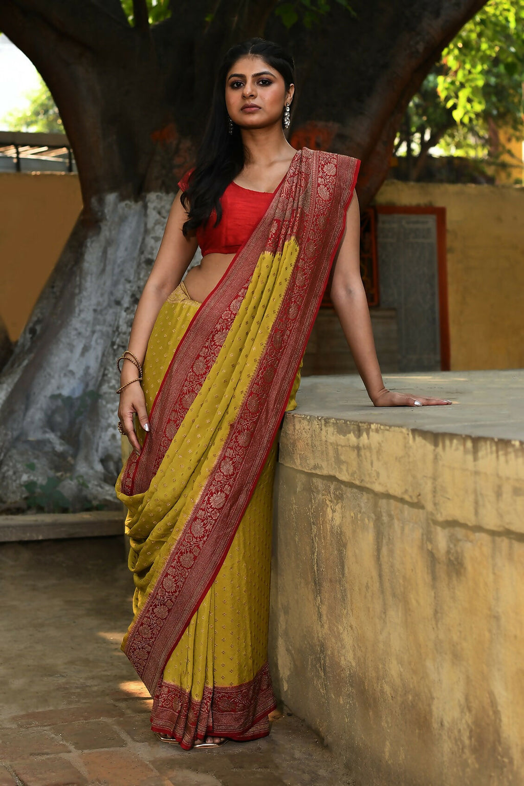 Yellow Crepe Chiffon Handloom Banarasi Silk Saree