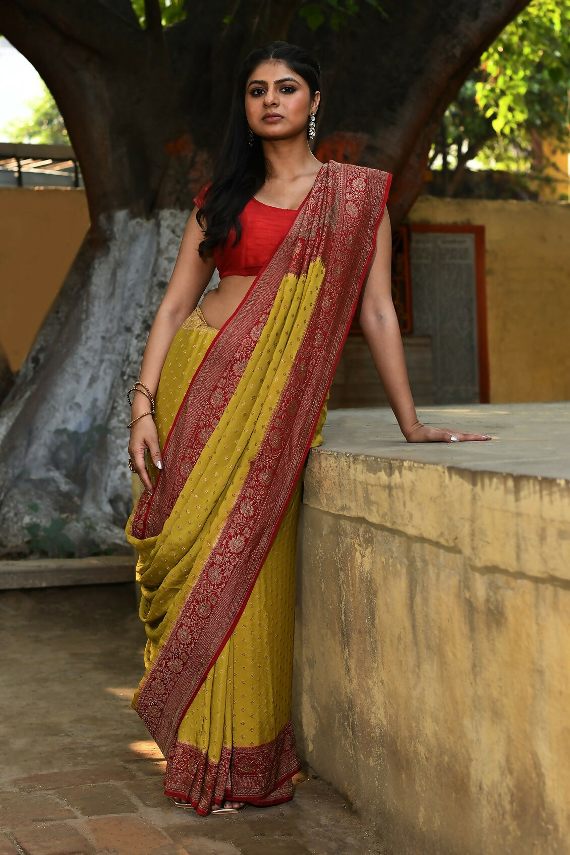 Yellow Crepe Chiffon Handloom Banarasi Silk Saree