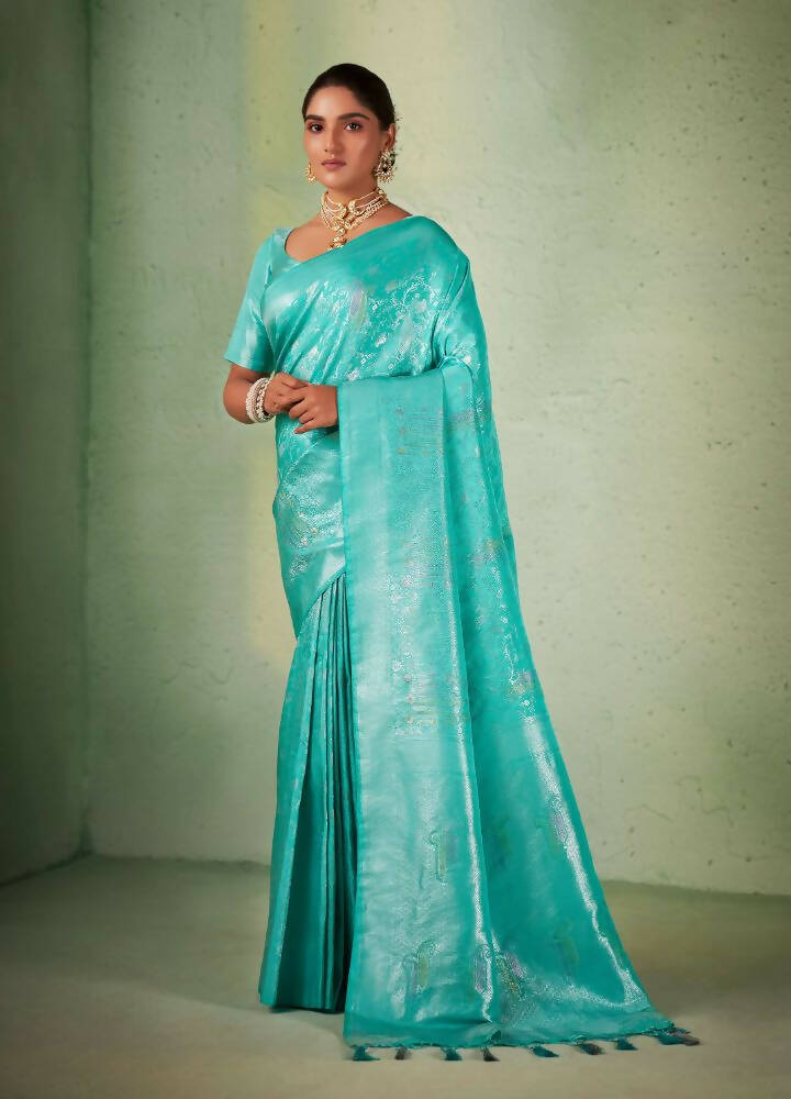 Glamorous Turquoise Kanjivaram Silk saree with weaving work and matching tassel fringe