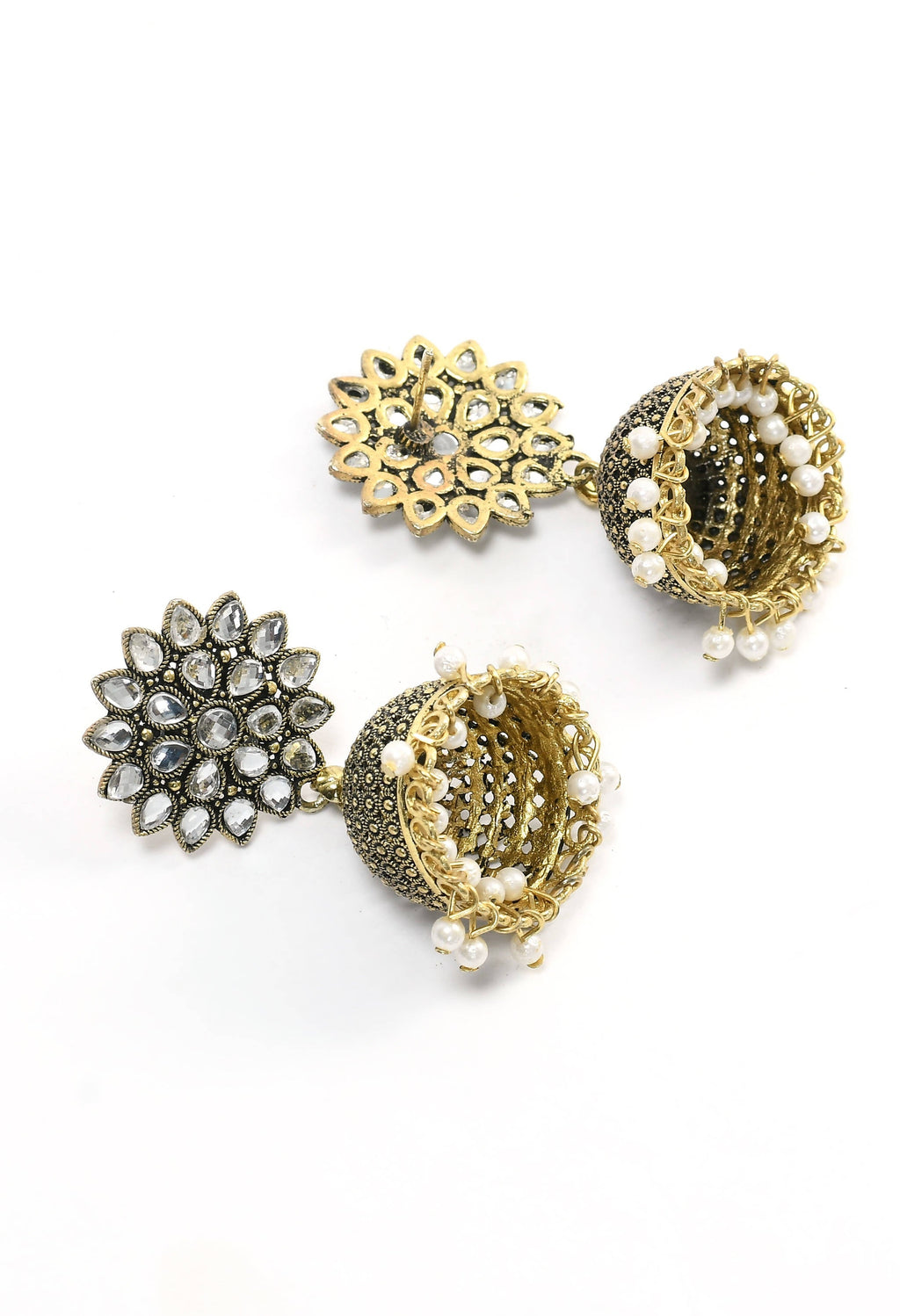 Traditional Kundan Jhumka Earrings with Elegant White Beads