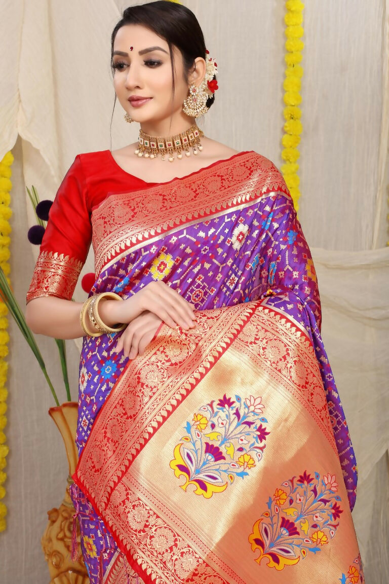 Purple Patola Silk Zari Woven Saree with Red Blouse