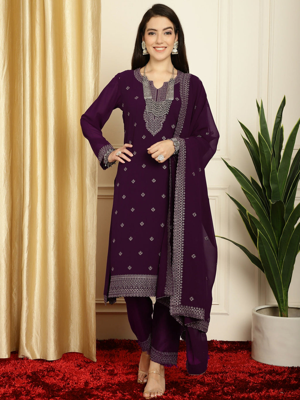 Jyoti Fashion Women's Burgundy Georgette Resham Thread & Sequin Kurta with Trouser & Dupatta