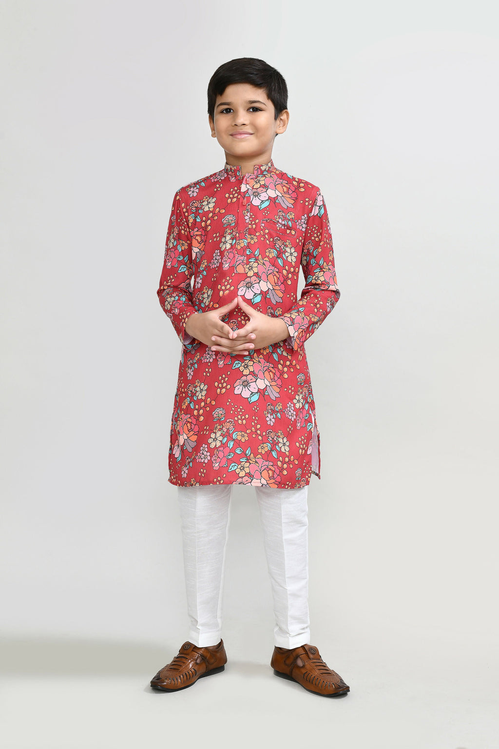 Red Cotton Silk Kurta Set with White Straight Fit Pants