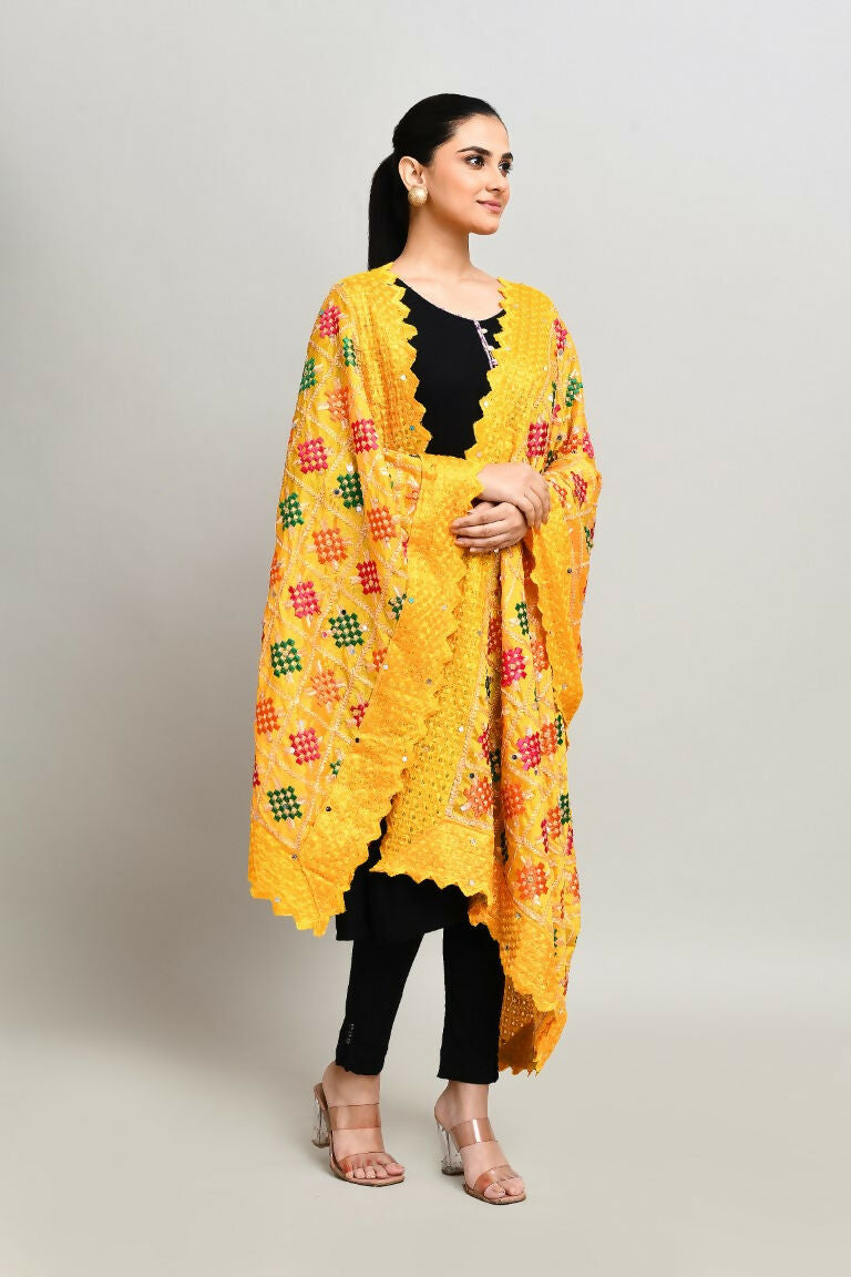 Multi Color Phulkari Dupatta with Traditional Cotton Embroidery