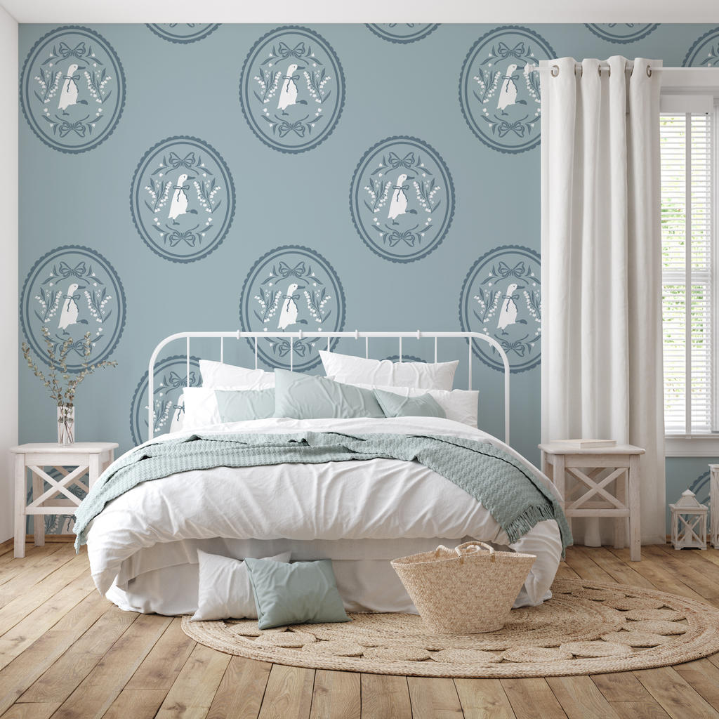 Gemima vintage-inspired wallpaper featuring blue, white, and pink floral patterns